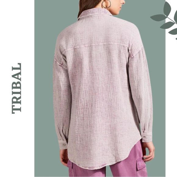 Tribal Casual Long Sleeve Button Down Collared Shirt Textured Waffle Grape XS - Picture 3 of 8